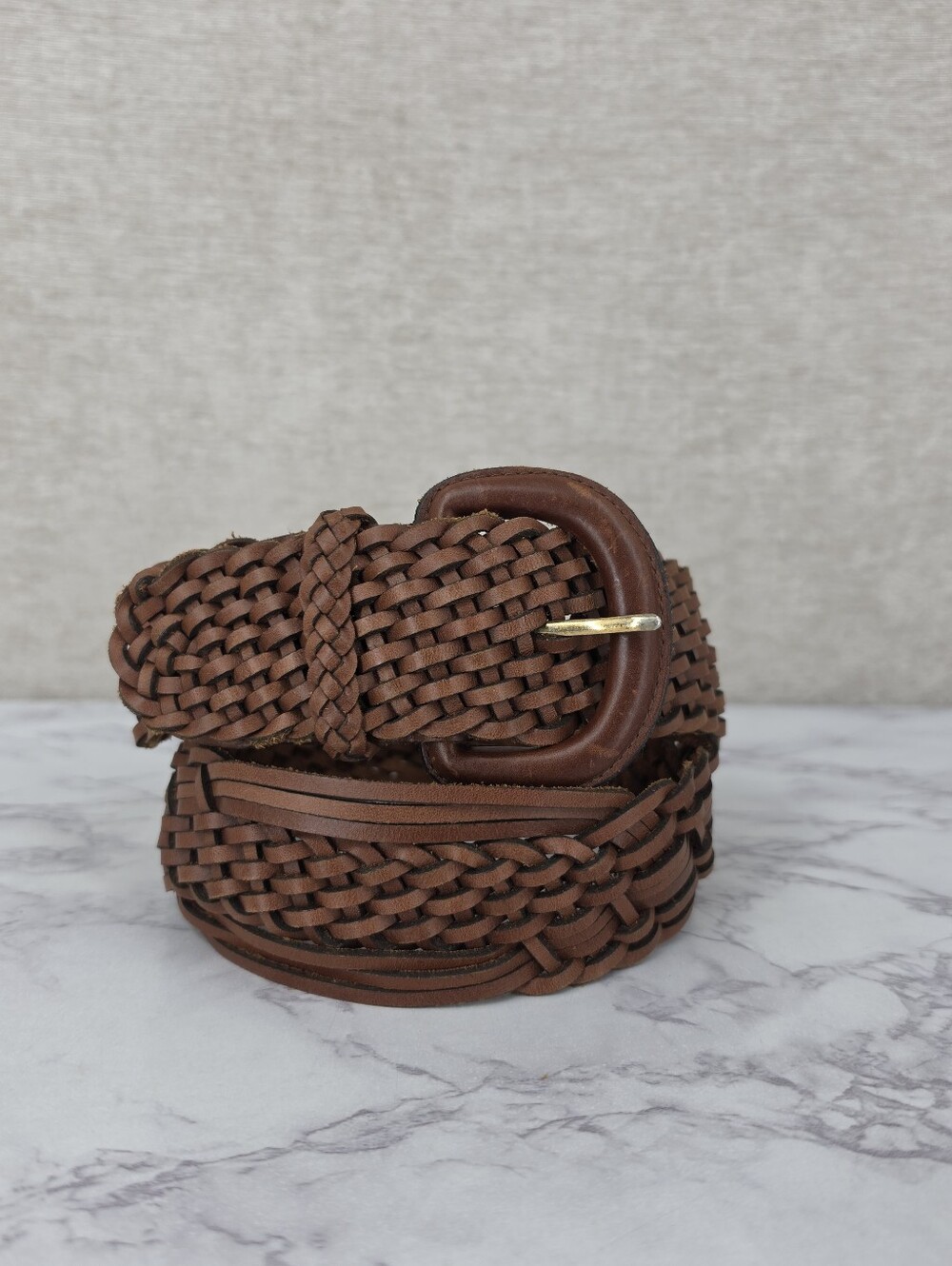 Vintage Y2K Wide Brown Leather Woven Braided Belt By New York Studio